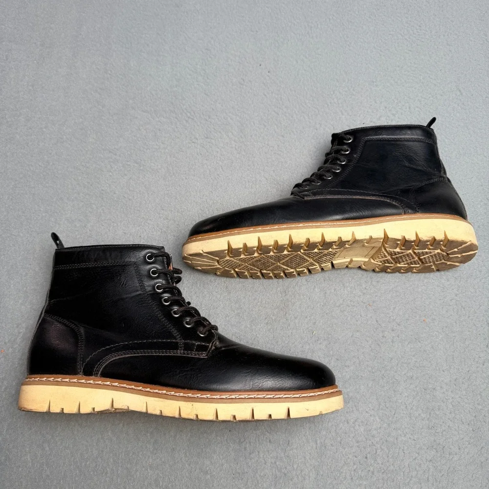 Mens Black Faux Leather Lace Up Side Zip Combat Boots Tan Lug Sole Size 9M